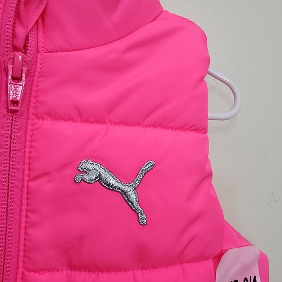 Puma NWT neon pink puffer full zip front vest girls size XXS 3/4 - Picture 5 of 7